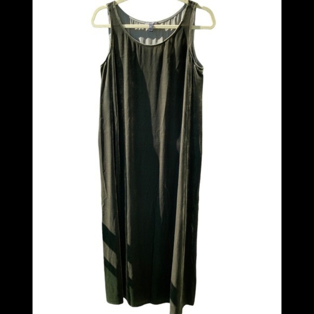 Eileen Fisher maxi midi dress sleeveless XS green velvet scoop neck silk blend